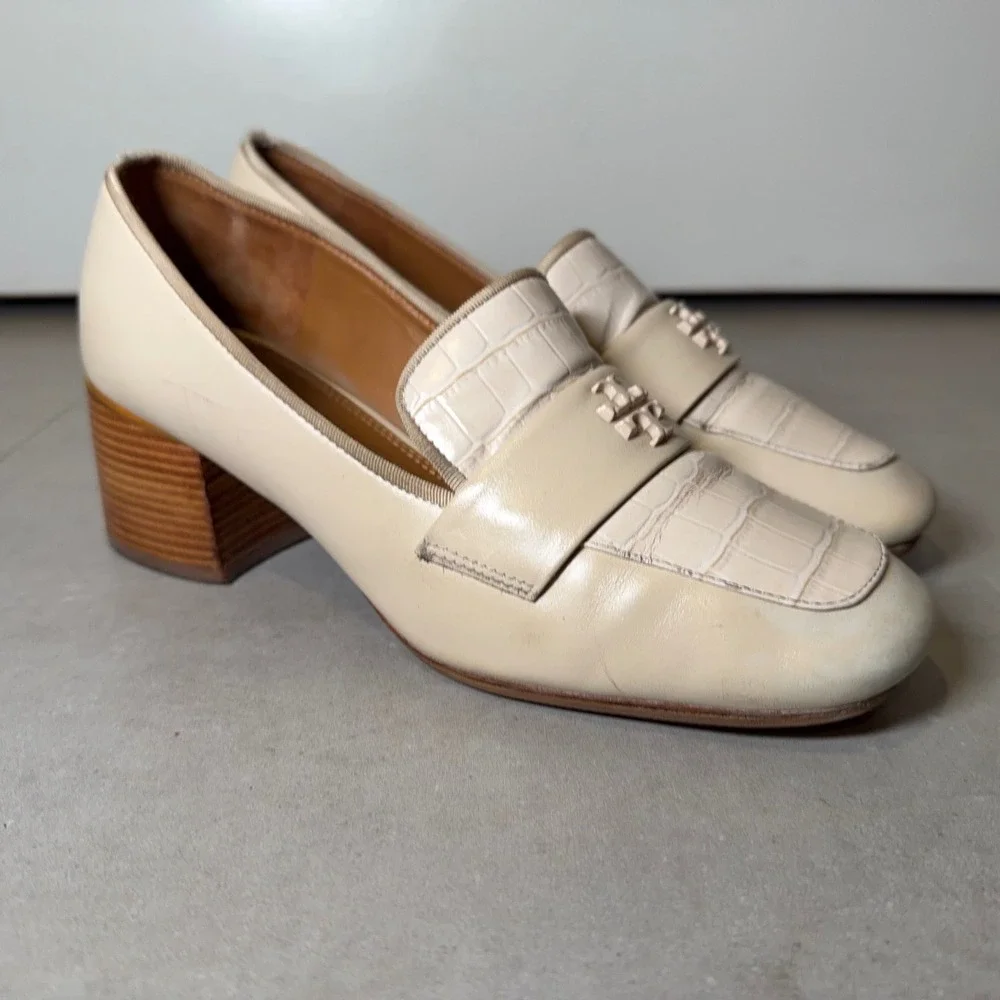 Tory Burch Everly Loafers 8M Cream Leather Block Heel Croc Double T Professional